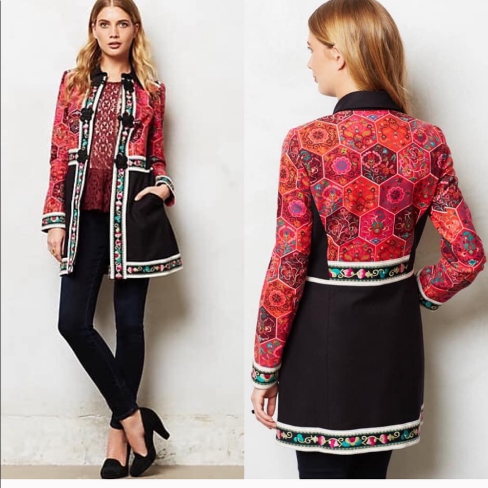 Anthropologie Red & Black Embroidered Hex Print Coat